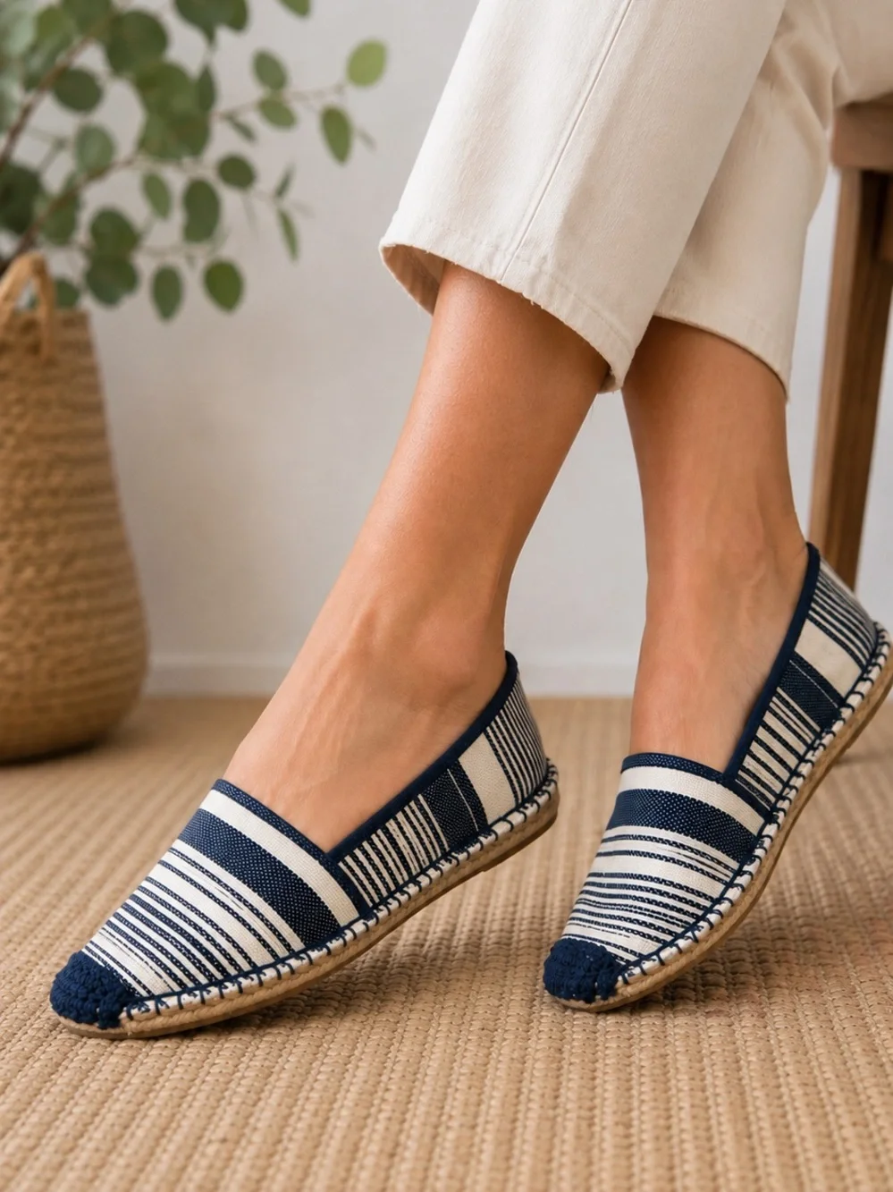 Handmade Spanish Espadrille Flats | Women’s EU 37 / US 7 | Navy & Cream Striped